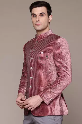 pink velvet slim-fit bandhgala jodhpuri blazer with silver shine threads