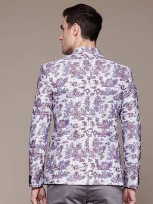 Men's lavender slim-fit bandhgala jodhpuri blazer with off-white base and digital print 4