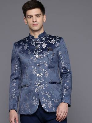 Men's blue slim-fit bandhgala jodhpuri blazer with floral jacquard weave 1