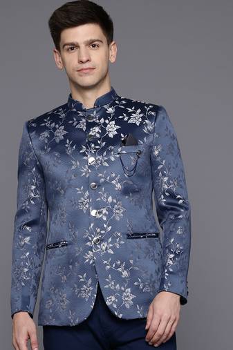 Men's blue slim-fit bandhgala jodhpuri blazer with floral jacquard weave