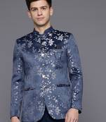 Men's blue slim-fit bandhgala jodhpuri blazer with floral jacquard weave