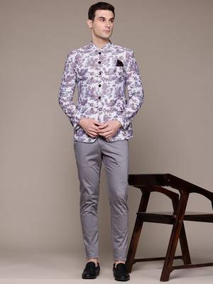 Men's lavender slim-fit bandhgala jodhpuri blazer with off-white base and digital print 5