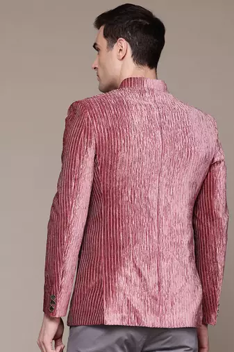 pink velvet slim-fit bandhgala jodhpuri blazer with silver shine threads