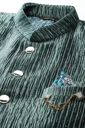 green velvet slim-fit bandhgala jodhpuri blazer with silver shine threads