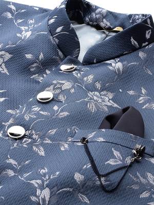 Men's blue slim-fit bandhgala jodhpuri blazer with floral jacquard weave 2