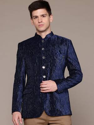 navy blue velvet slim-fit bandhgala jodhpuri blazer with silver shine threads 1