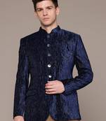 navy blue velvet slim-fit bandhgala jodhpuri blazer with silver shine threads