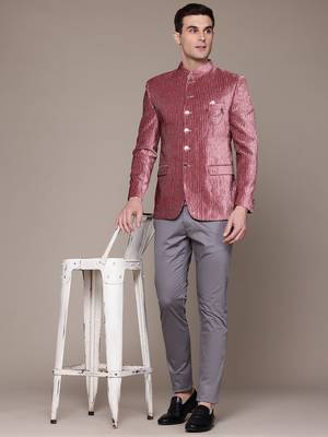 pink velvet slim-fit bandhgala jodhpuri blazer with silver shine threads 5