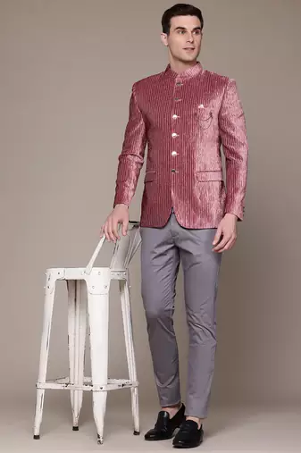 pink velvet slim-fit bandhgala jodhpuri blazer with silver shine threads