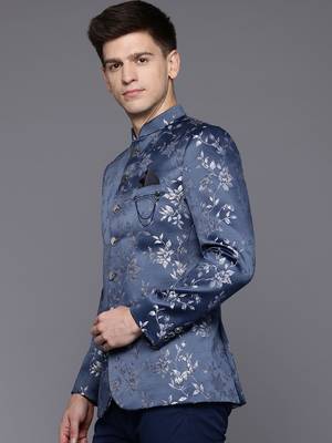Men's blue slim-fit bandhgala jodhpuri blazer with floral jacquard weave 3