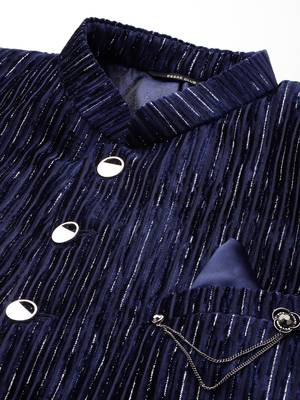 navy blue velvet slim-fit bandhgala jodhpuri blazer with silver shine threads 2