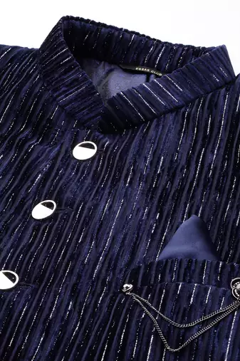 navy blue velvet slim-fit bandhgala jodhpuri blazer with silver shine threads