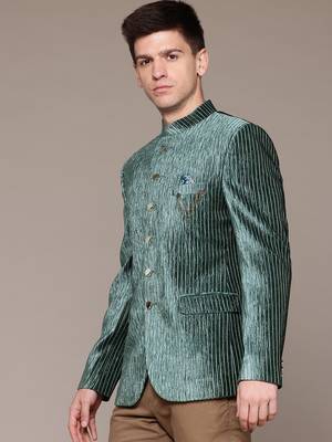 green velvet slim-fit bandhgala jodhpuri blazer with silver shine threads 3