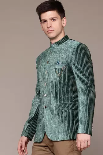 green velvet slim-fit bandhgala jodhpuri blazer with silver shine threads