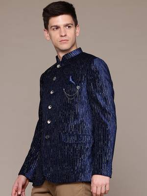 navy blue velvet slim-fit bandhgala jodhpuri blazer with silver shine threads 3