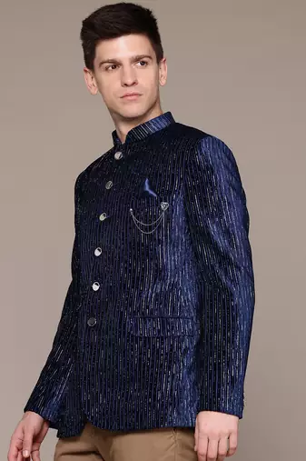 navy blue velvet slim-fit bandhgala jodhpuri blazer with silver shine threads