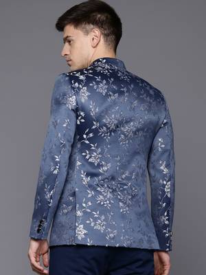 Men's blue slim-fit bandhgala jodhpuri blazer with floral jacquard weave 4