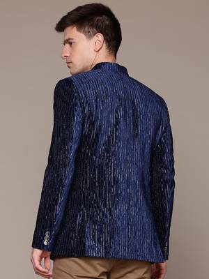 navy blue velvet slim-fit bandhgala jodhpuri blazer with silver shine threads 4