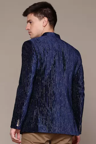 navy blue velvet slim-fit bandhgala jodhpuri blazer with silver shine threads