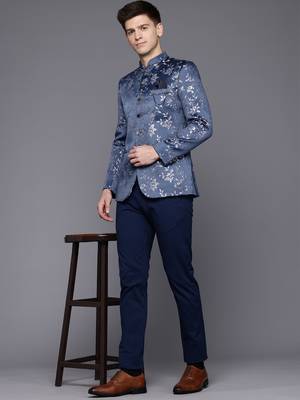Men's blue slim-fit bandhgala jodhpuri blazer with floral jacquard weave 5