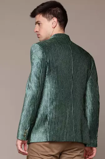 green velvet slim-fit bandhgala jodhpuri blazer with silver shine threads