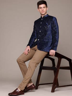 navy blue velvet slim-fit bandhgala jodhpuri blazer with silver shine threads 5