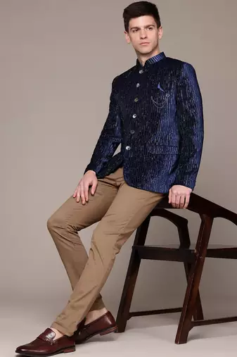 navy blue velvet slim-fit bandhgala jodhpuri blazer with silver shine threads