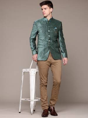 green velvet slim-fit bandhgala jodhpuri blazer with silver shine threads 5