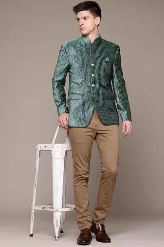 green velvet slim-fit bandhgala jodhpuri blazer with silver shine threads