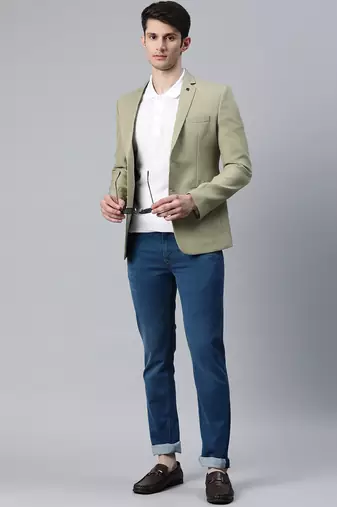 single-breasted regular fit green blazer with lapel pin