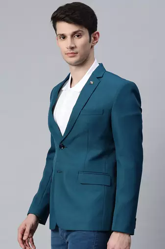 single-breasted regular fit deep sea blue blazer with lapel pin