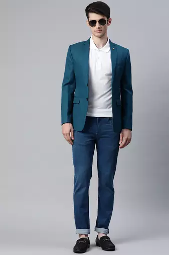 single-breasted regular fit deep sea blue blazer with lapel pin