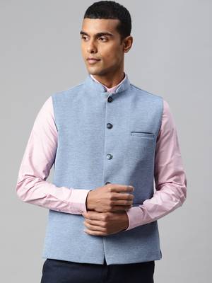 blue solid knitted nehru jacket 1