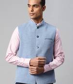 blue solid knitted nehru jacket