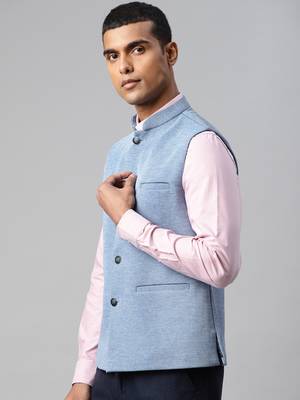 blue solid knitted nehru jacket 3