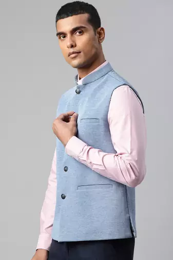 blue solid knitted nehru jacket
