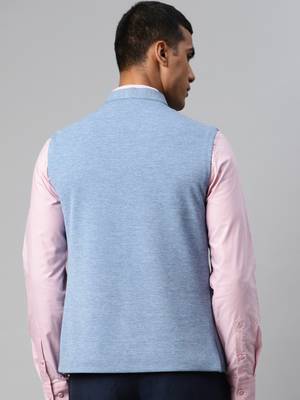blue solid knitted nehru jacket 4