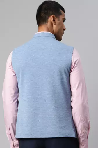 blue solid knitted nehru jacket