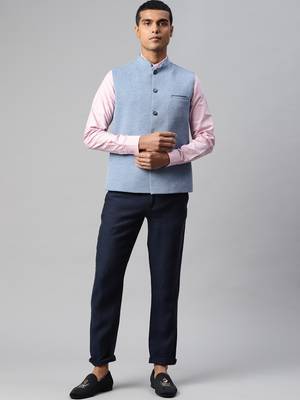 blue solid knitted nehru jacket 5