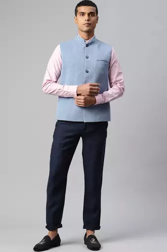 blue solid knitted nehru jacket