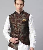 red netted nehru jacket with golden splash print