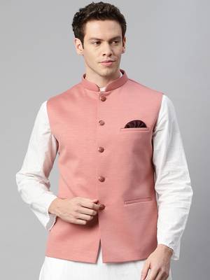 pink solid knitted nehru jacket 1