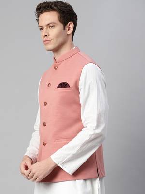 pink solid knitted nehru jacket 3
