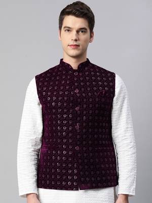 Men wine velvet embroidery nehru jacket 1