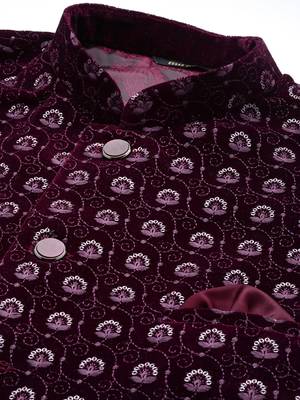 Men wine velvet embroidery nehru jacket 2