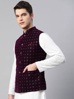 Men wine velvet embroidery nehru jacket 3