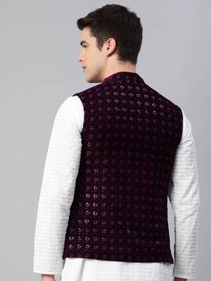 Men wine velvet embroidery nehru jacket 4