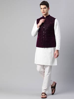 Men wine velvet embroidery nehru jacket 5