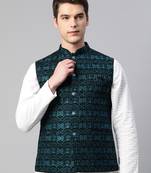 peacock blue velvet embroidery nehru jacket