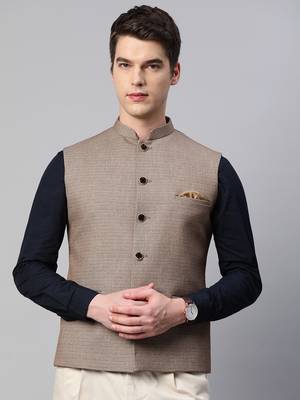 khaki nehru jacket with slub self design pattern 1